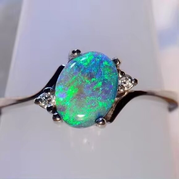 Beautiful Australian Opal Ring with AAA Quality CZ Accent Stones - Picture 1 of 1